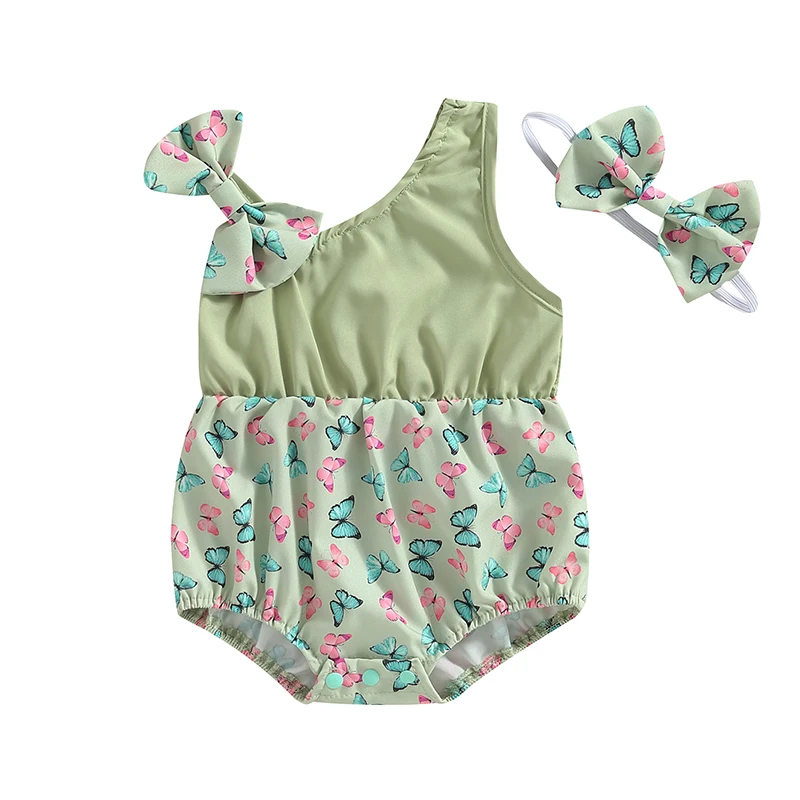 

Baby Girls Rompers Clothes Summer Infant Newborn Girls Rabbit/Butterfly/Flower Print Sleeveless Jumpsuits Headband Outfits