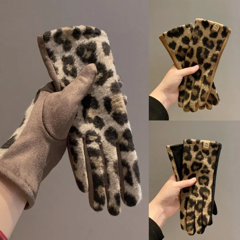 Practical Cashmere Leopard-print Gloves Keep Warm Touch Screen Winter Gloves Cold-proof Ladies Driving Gloves Motorcycle Riding