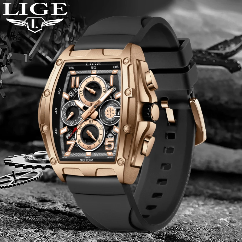 LIGE Men Watch Top Brand Original Sports Quartz Mens Watches Silicone Band Waterproof Chronograph Wristwatch Relogios Masculinos