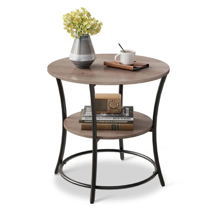 

Side Table, Round End Table with 2 Storage Shelves for Living Room, Bedroom, Nightstand with Steel Frame for Small Spaces, Accen