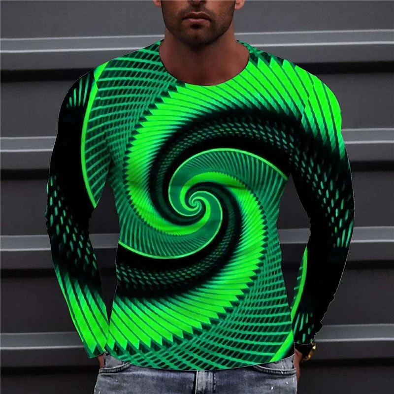 Spiral Pattern 3D Abstract Printing Men's Fashion T-Shirts Long Sleeve Streetwear Oversized Tops Loose Casual Male T Shirt Tops