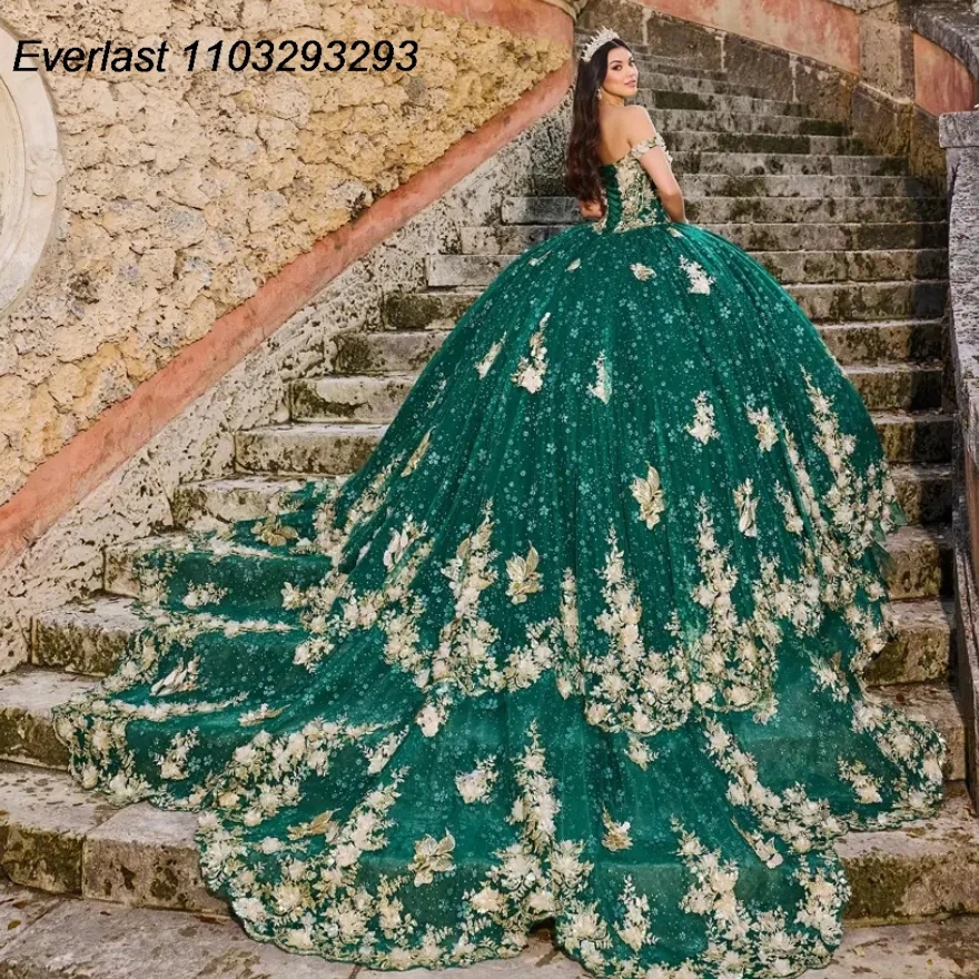 EVLAST gaun Quinceanera biru kustom gaun pesta renda Applique manik-manik kereta api lepas pasang manis 16 Vestido 15 aduduk TQD202