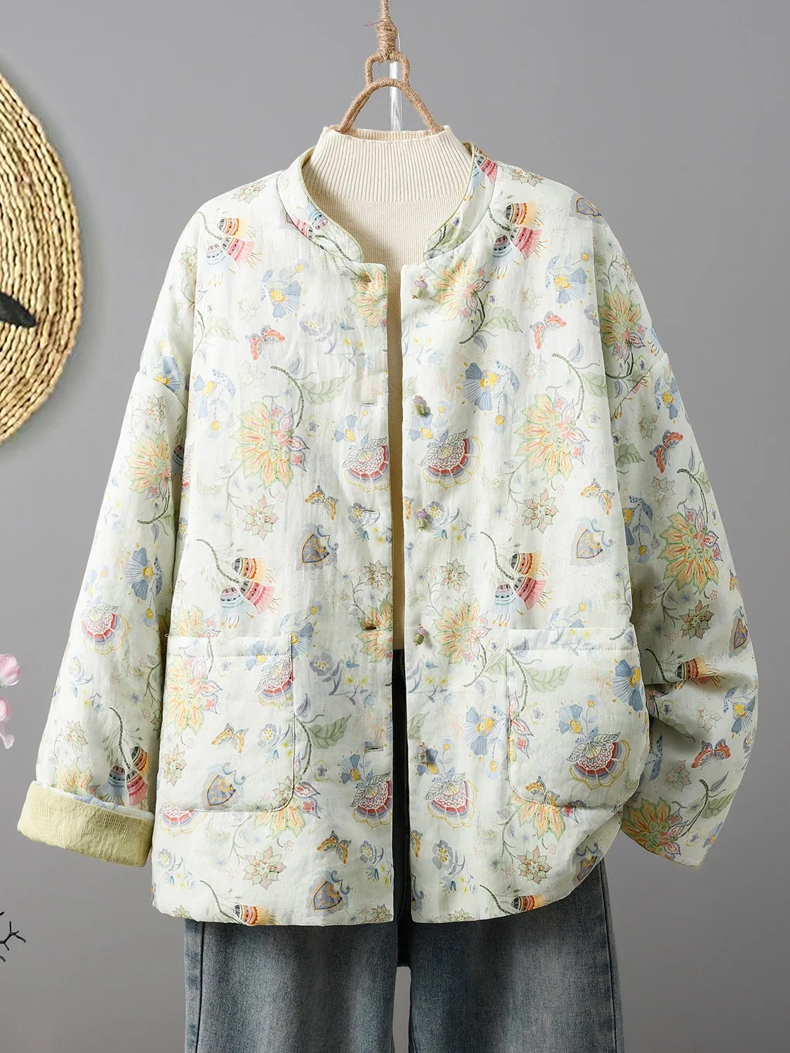 Thickened Cotton Jacket Women's Double-Sided Wear  Color Embroidery Cotton Coat Winter Warm Flora Print Casual Outerwear