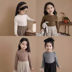 2024 Autumn Toddler Girl Undershirt Solid Ruffle Collar Korean Infant Baby Girl Tops Cotton Long Sleeve Children Girl Bottom Tee