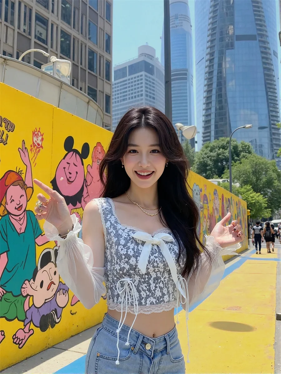 화이트 오버사이즈 여성용 면 블라우스 자외선 차단 레이스 트림 한국 스타일 짧고 우아한 가을 해변 여성용 롱 튜닉