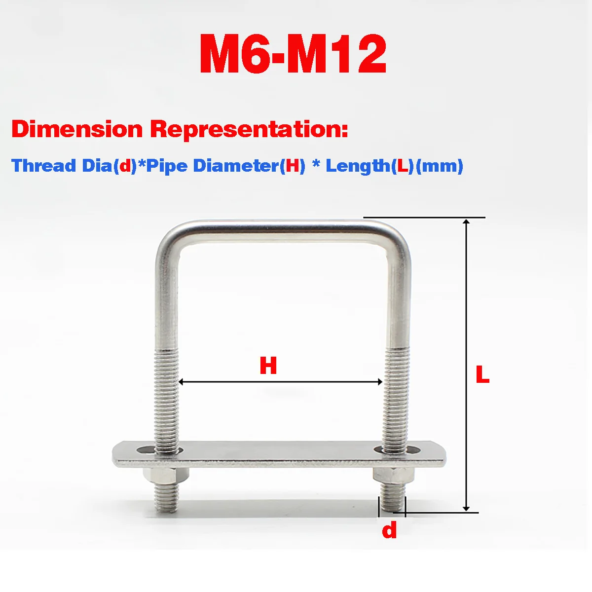 Tornillo en forma de U de acero inoxidable 304, abrazadera cuadrada en forma de U de ángulo recto, abrazadera de tubo cuadrada, Perno de fijación, M6M8M10M12