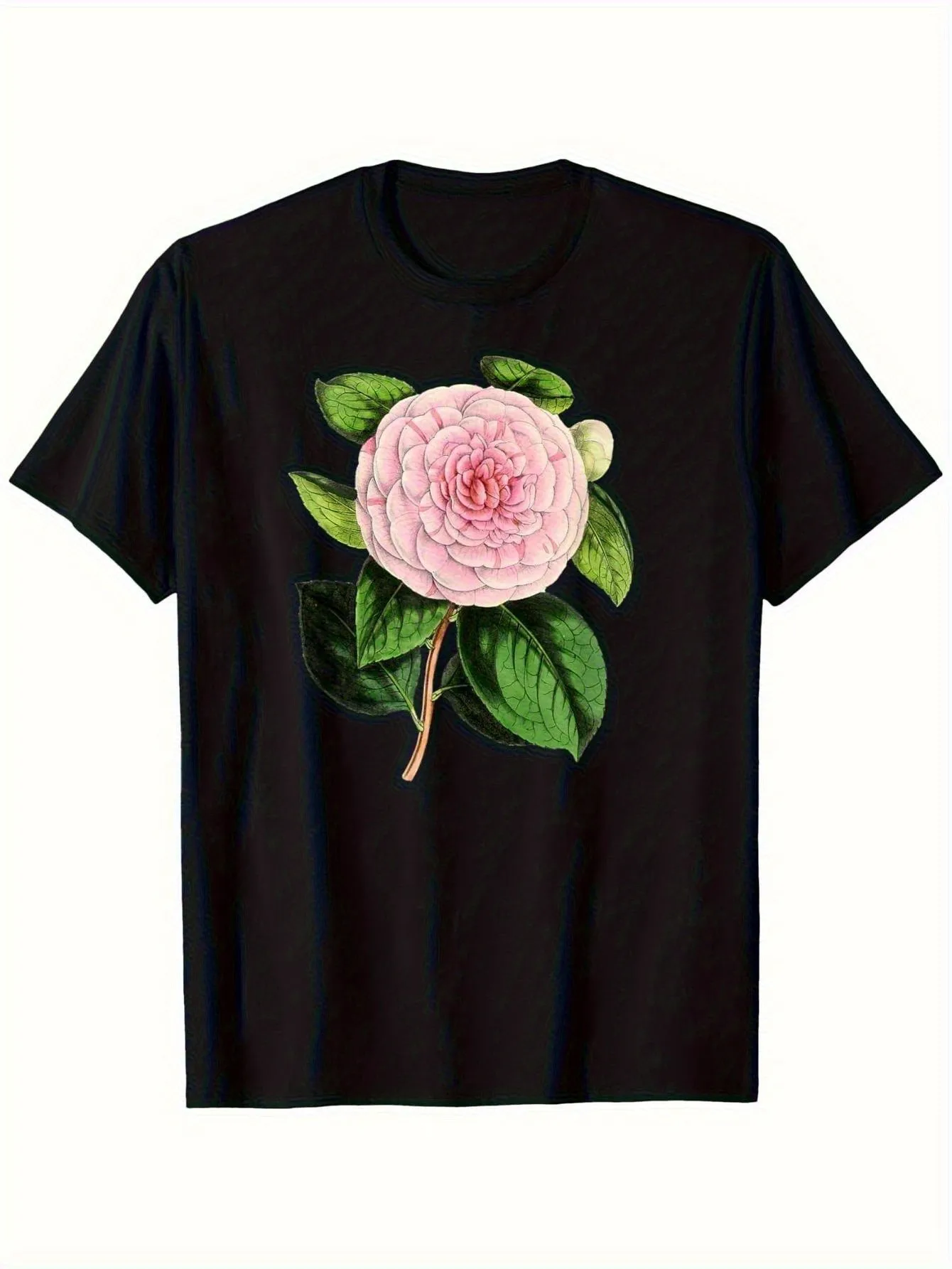 

Men's Classic Crew Neck Black T-Shirt with Pink Camellia Print, Soft Cotton Short-Sleeve Casual Wear Suitable for All Seasons, Comfortable Everyday T-Shirt with Floral Print, Comfortable Fit