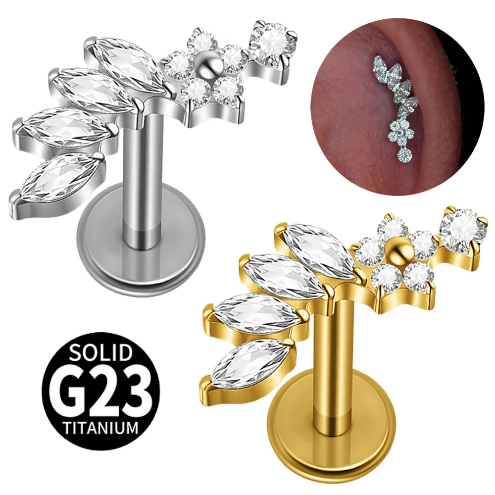 G23 Titanium Four Marquise Zircon Flower Internal Thread Labret Stud Cartilage Tragus Helix Earring Body Piercing Jewelry 16G