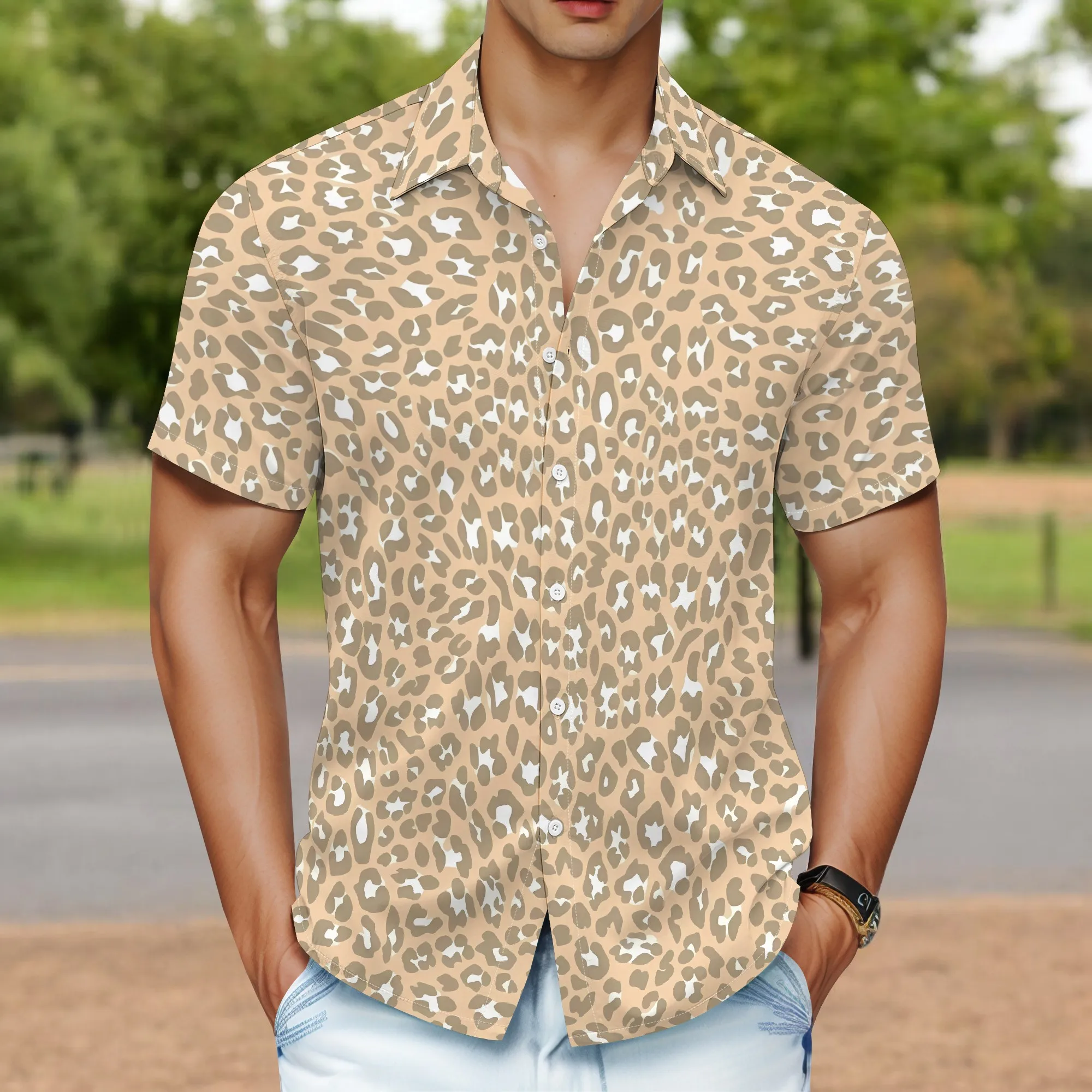 YEAE Khaki Leopard Print Shirt for Men Summer Casual Short Sleeve Top