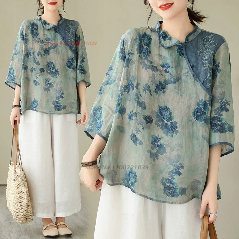 

2024 chinese improved qipao blouse women national flower print embroidery vintage blouse traditional chinese retro hanfu tops