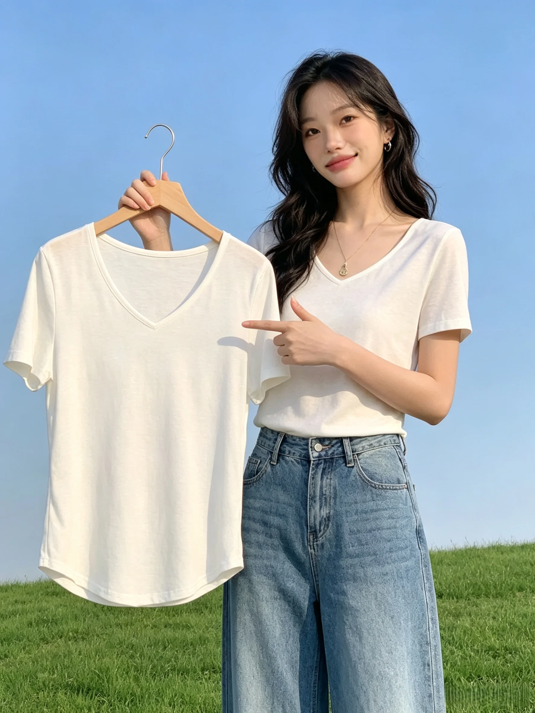

White Snowflake Cotton V-Neck Short Sleeve Women's T-Shirt Summer New Large Size Loose Personality Basic Style Shoulder Level...