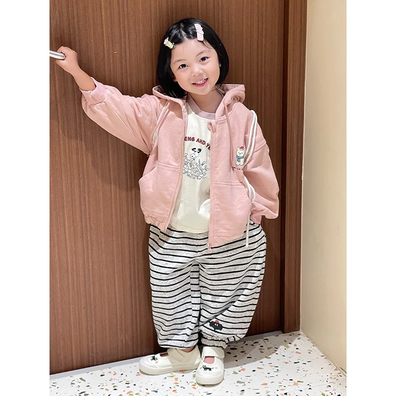 

Girls Suits 2024 Autumn New Childrens Clothes Girl Baby Sweet Style Hoodie Cardigan Striped Sweatpants Two-piece Casual Simple