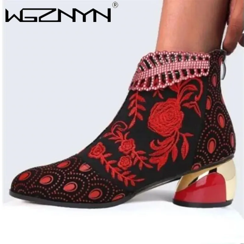 2024 kobiety botki Vintage, w kwiaty haft damskie buty skórzane buty Bohemia zamek wiosenna jesień damski Botas De Mujer