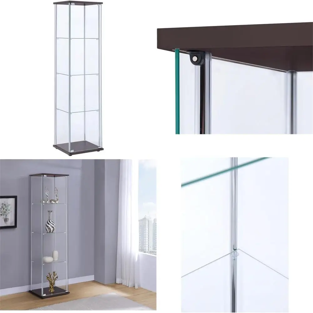 

Cappuccino Brown 4-Tier Glass Display Cabinet with Chrome Beams and Base