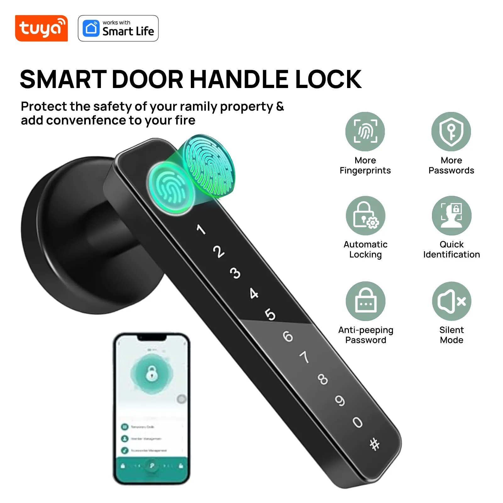 

Умный дверной замок Tuya с функцией распознавания отпечатков пальцев, ручкой, поддержкой IC-карт, управлением через приложение, разблокировкой по коду и электронной сенсорной клавиатурой.