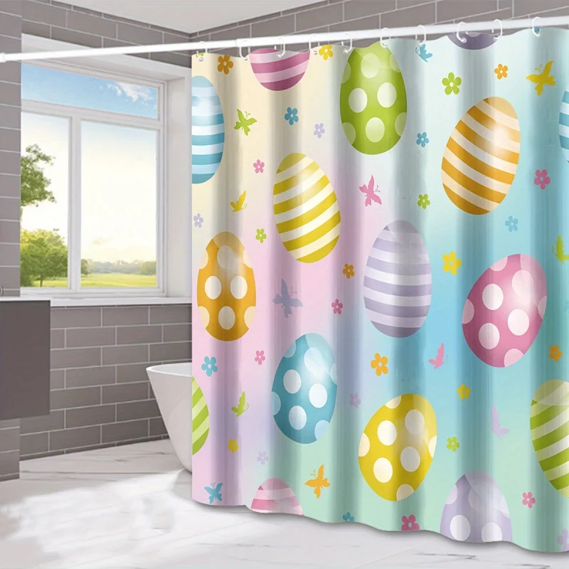 Easter Egg & Butterfly Watercolor Shower Curtain Set - Colorful Pastel Design with Hooks, Machine Washable Polyester Bathroom Th