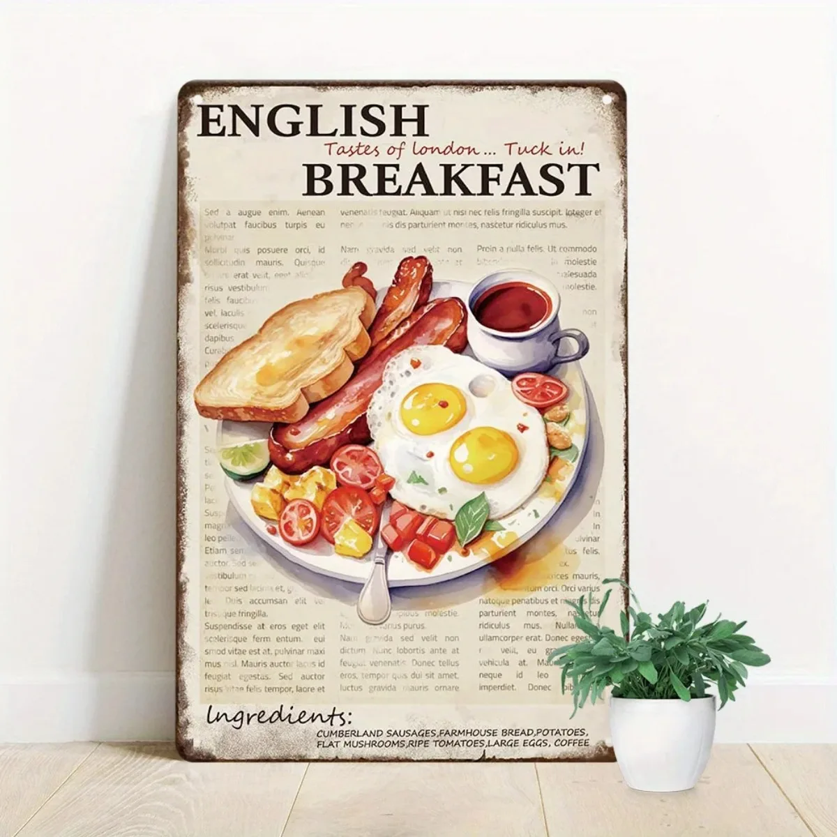 Vintage englisches Frühstück Metallschild |   Wandkunst aus Eisen mit britischem Essensthema |   Wasserdichtes Design |   Geeignet für Zuhause