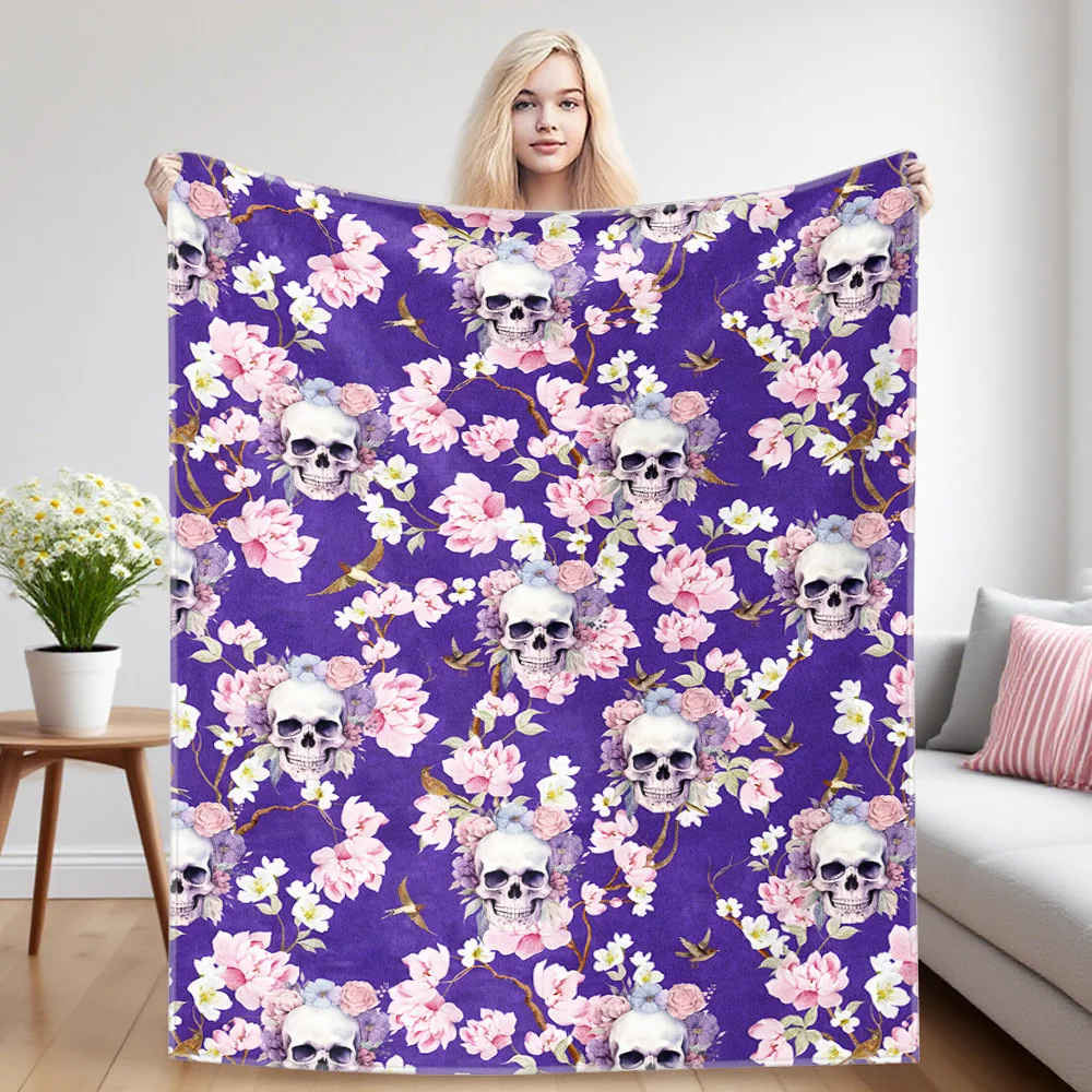 Skull Blossom Sofa Specific Soft Flannel Blanket, Universal Plush Gift Blanket For All Seasons