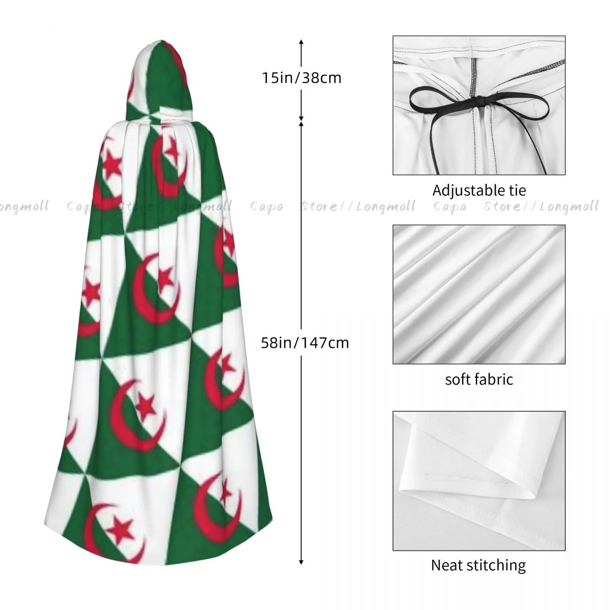 Adult Halloween Geometric Flag Of Algeria Cloak Cape Hooded Medieval Costume Full Length Dress Coat