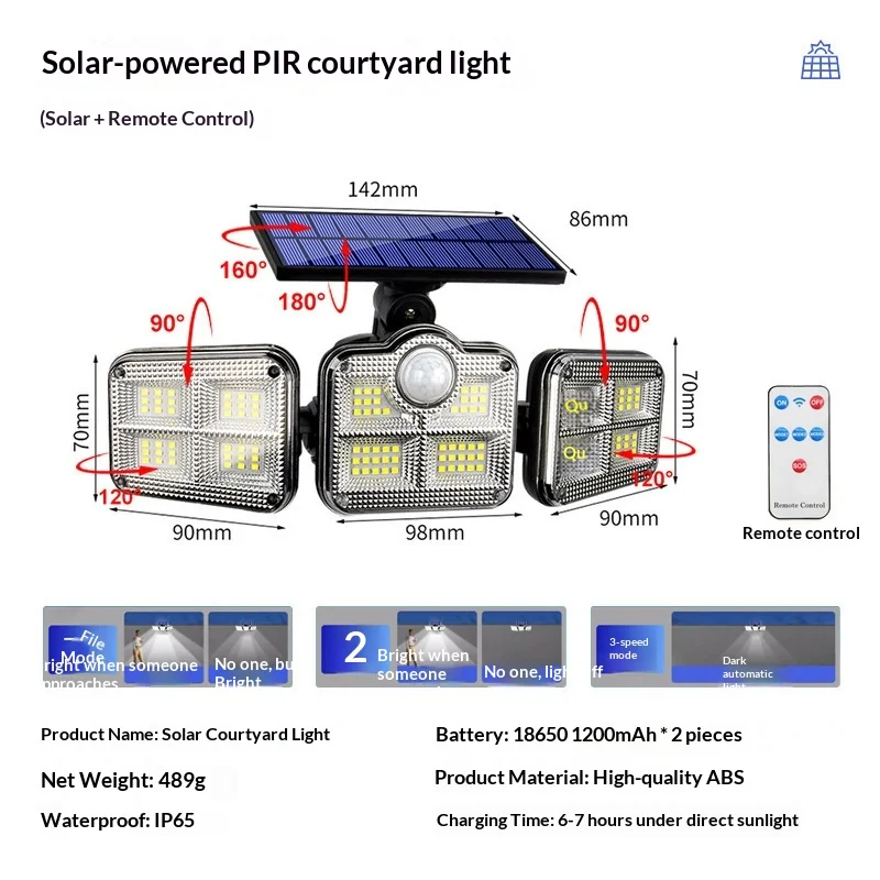 Lampe murale solaire à 3 têtes, LED, extérieure, avec détecteur de mouvement intégré, lampadaire de jardin, éclairage de cour, éclairage de chemin, étanche IP65