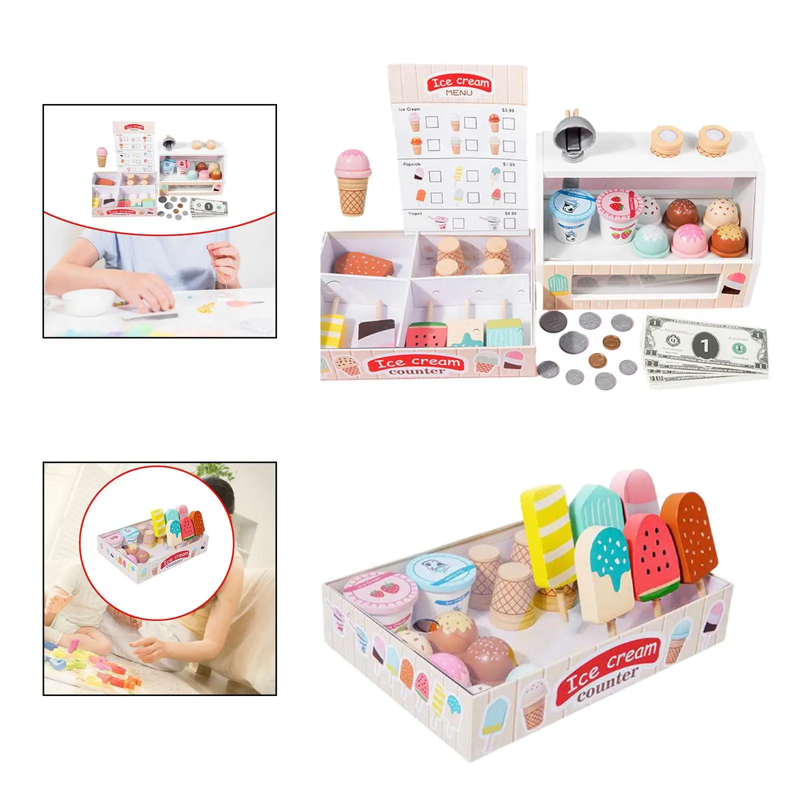 Balcão de sorvete de madeira playset fingir comida brinquedos educação presentes jogar comida e acessórios loja de sorvete brinquedos idade 2-4