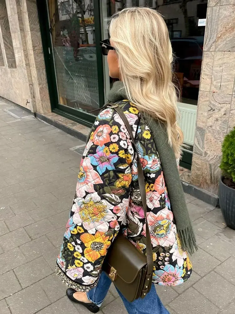 TRAFZA Women Fashion High Street Outerwear Y2K Floral Print Quilted Jacket Autumn Winter Woman Warm Long Sleeve O Neck Coats