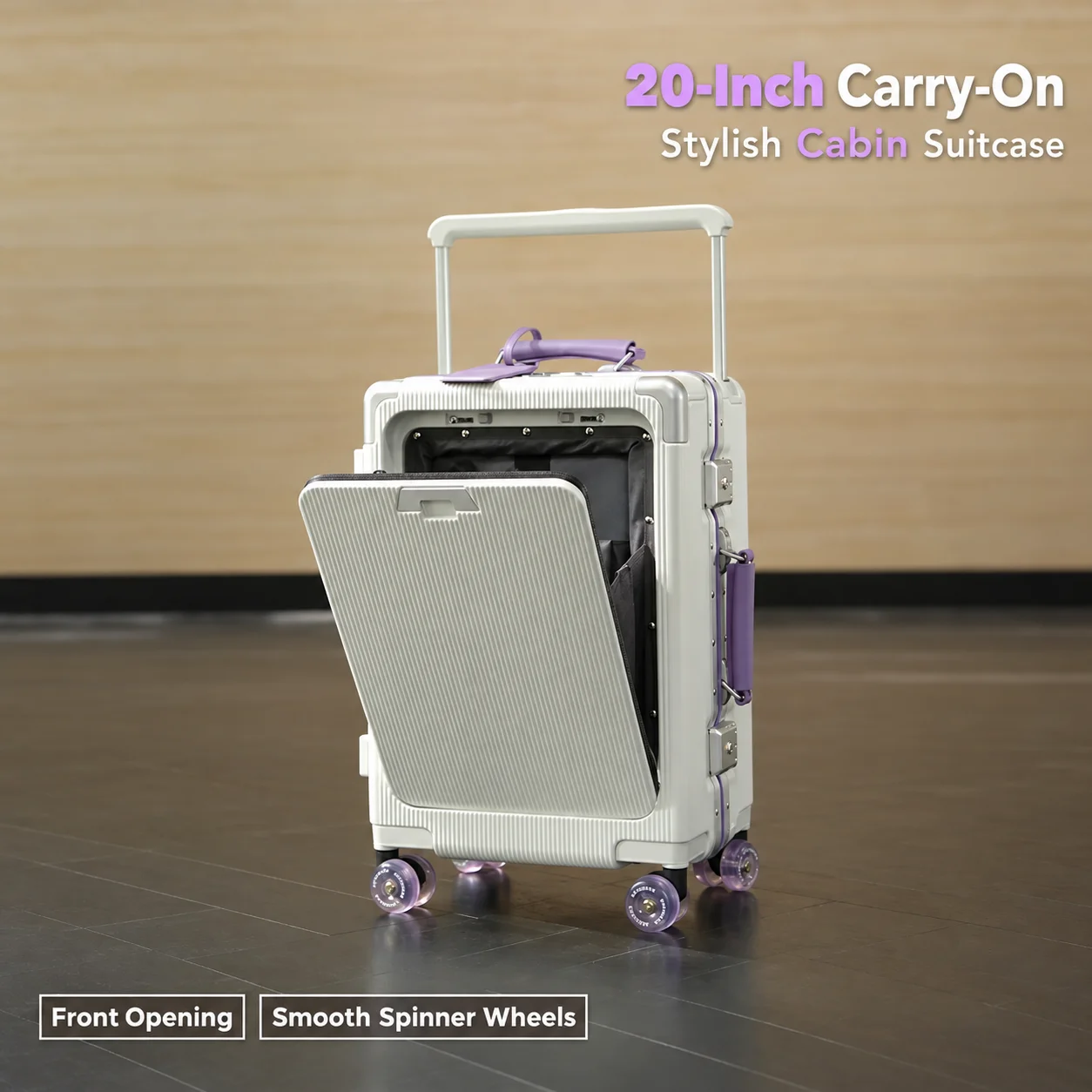 Aluminum Frame Carry On Luggage - MIGEBAO 20インチ フロントオープンスーツケース、ワイドハンドル、2026年プレミアムアルミニウムフレーム、耐久性に優れたキャリーオン旅行用トロリーバッグ、ロック付き。