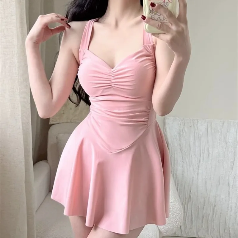 Sweet Pink Wide Strap One Piece Swimsuit Dress with Ruched Bodice Flared Skirt Modest Swimwear for Beach Pool Vacation