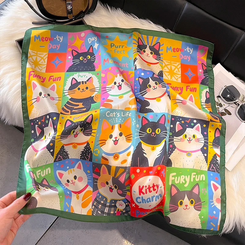 Internet Celebrity Cartoon 70CM Simulation Silk Scarf Cat Animal Cute Childlike Style Neck Square Scarf Advanced Sense