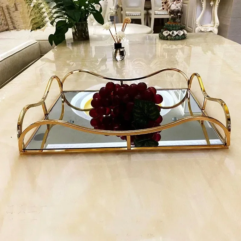 European Style Metal Mirror Tray Living Room Wine Decoration Cosmetics Jewelry Display Storage Fruit Modern Home Decor