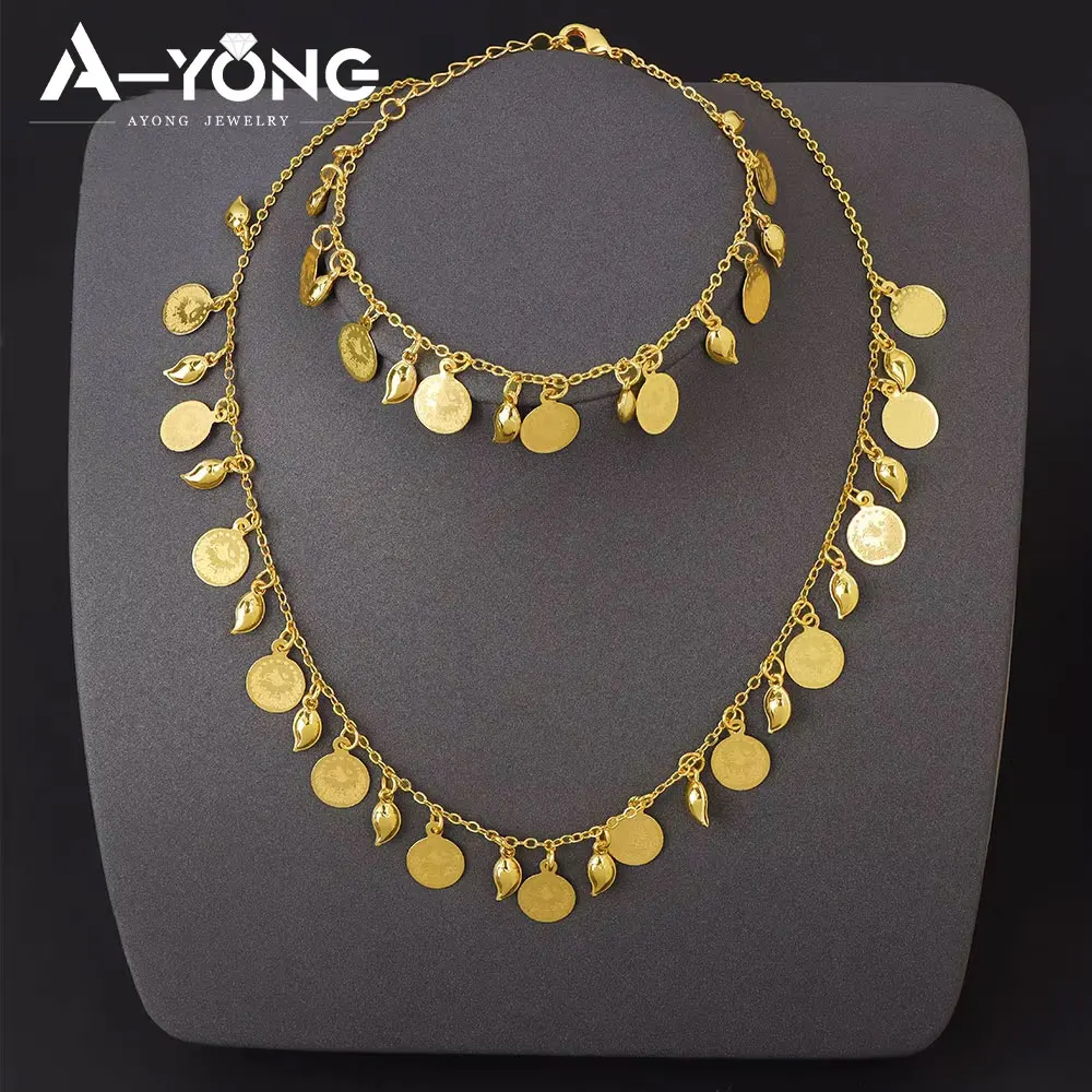 Nigeria Wedding Jewelry Set 21k Gold Plated Turkish Vintage Coins Charm Necklce Bracelet Moroccan Women Daily Party Jewelrys