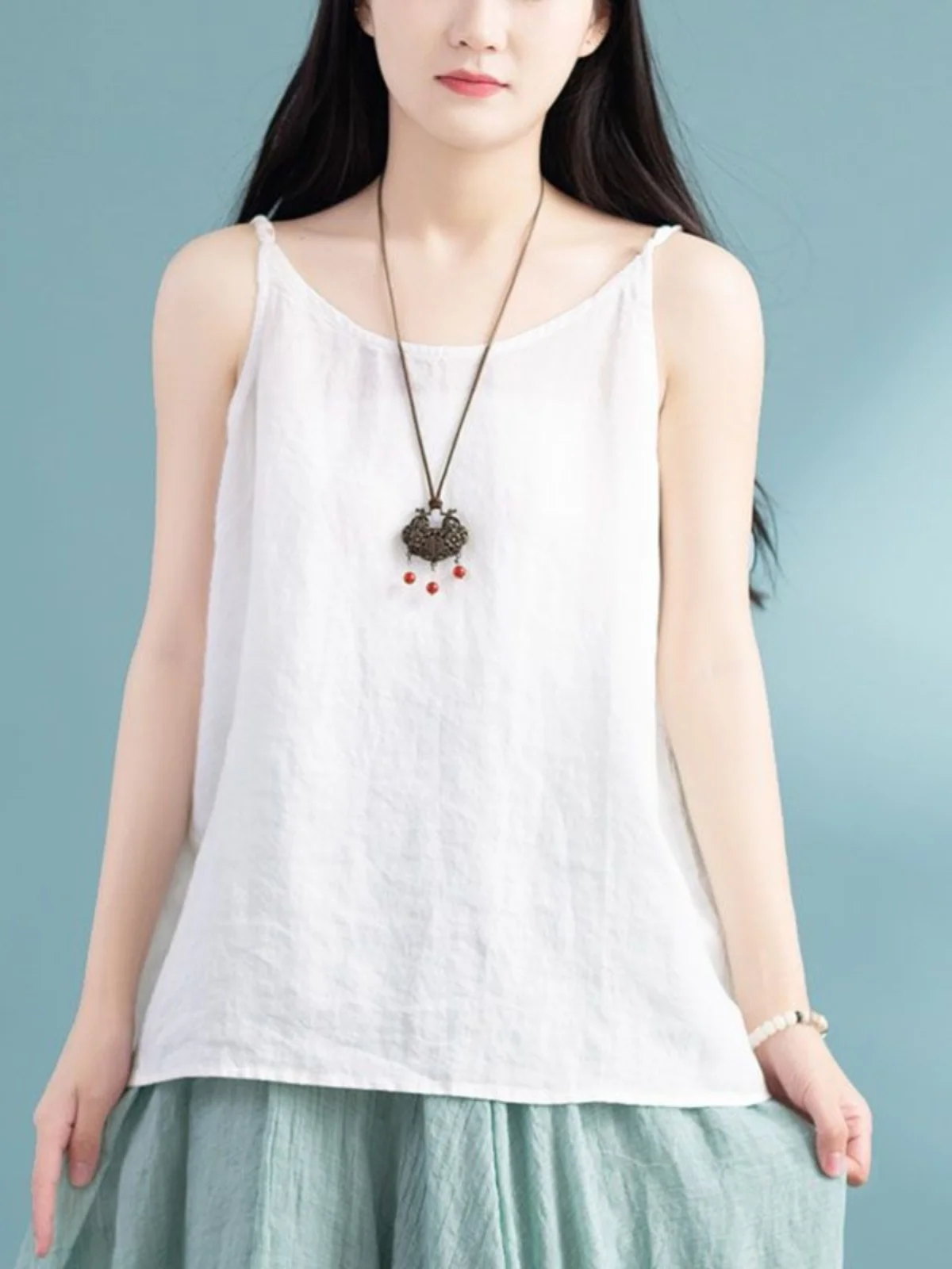 Summer Special Offer Linen Base Tank Top Women's Small Strap Loose Sleeveless Top Backless Splice Commute Style Pure Color