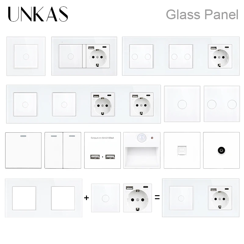 

UNKAS DIY Free Combination White Glass Panel Tuya Wifi Single Fire Line 1 2 Gang 146mm Switch Smart Home Outlet Doorbell Curtain