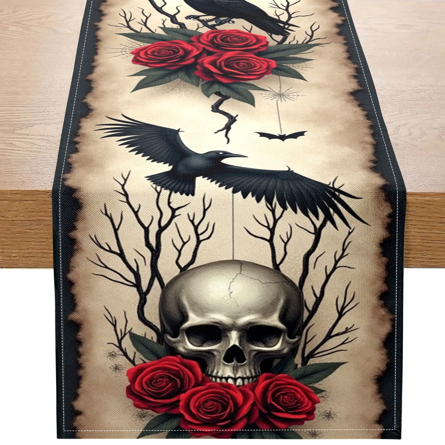 1 Piece of Dark-Style Skull Rose Crow Table Runner, Featuring Skulls, Red Roses, Crows, and Dead Branches, Suitable for Halloween, Gothic-Themed Parties, and Other Occasions
