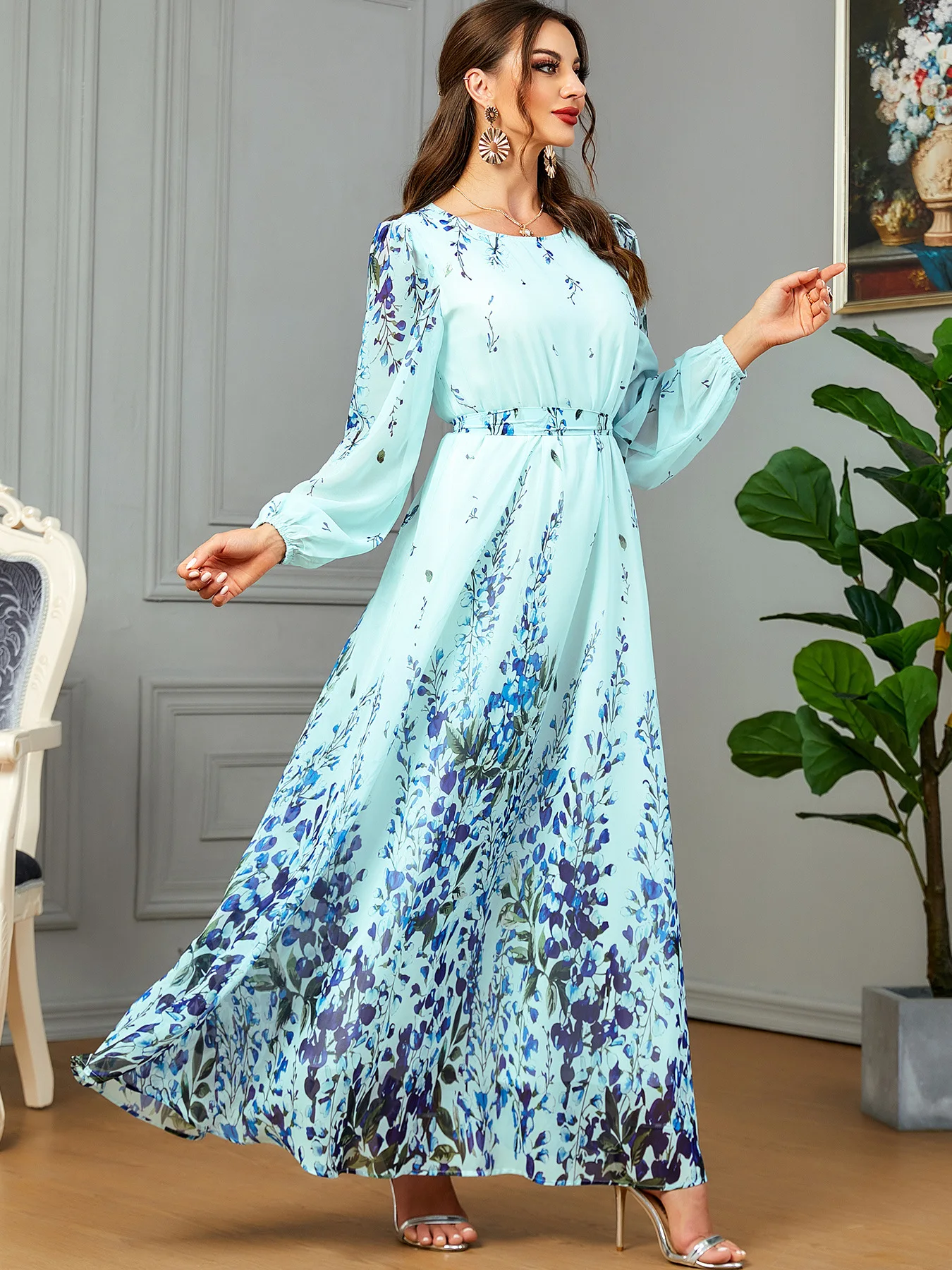 Middle East Cross border Chiffon Fashion Digital Printing Muslim Women's Robe Arab Dress Belt