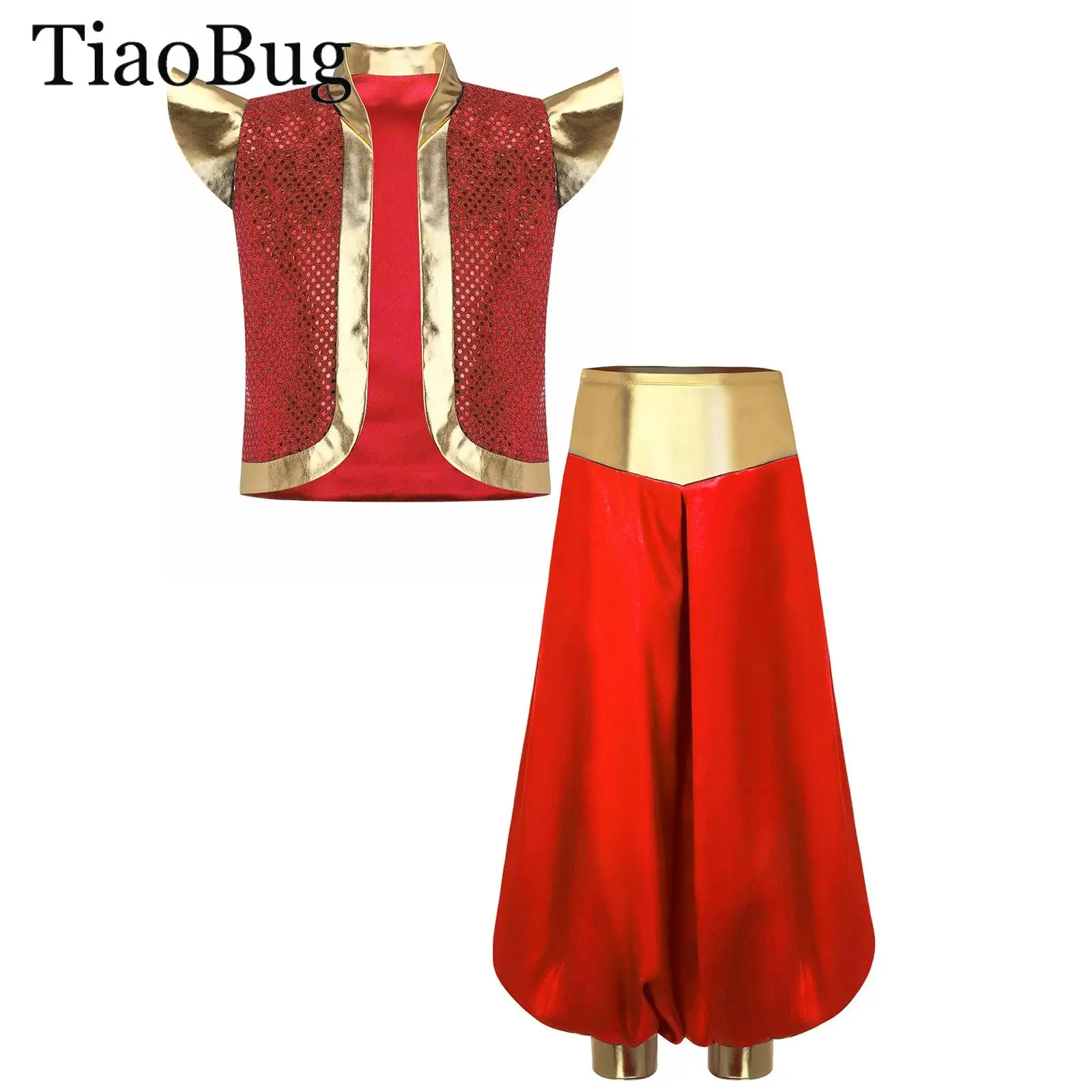 

Boys Arabian Prince Costume Dress Up Sequins Metallic Open Front Waistcoat Vest +Loose Pant Halloween Fairy Tale Fancy Dress Up