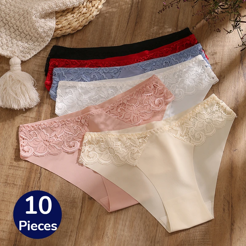 TrowBridge 10PCS/Set Women\'s Panties Sweet Lace Underwear Sexy Lingerie Woman Silk Satin Briefs Comfort Breathable Underpant New