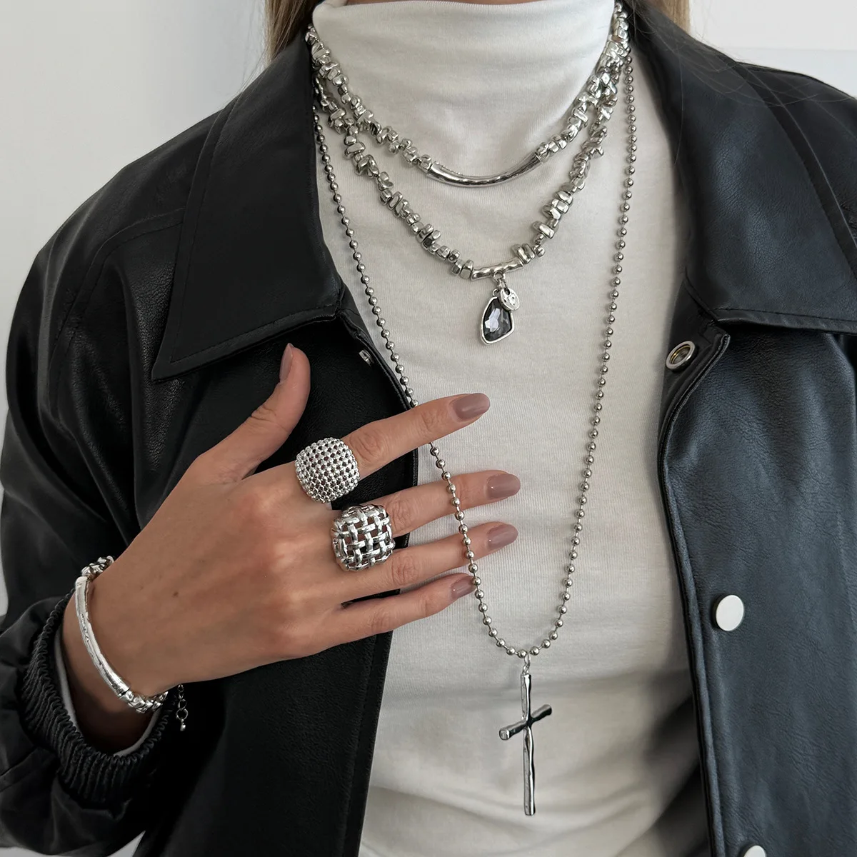 Necklace Cross Pendant Irregular Silver Beads Hammered Texture Gemstone Handmade Bold Adjustable Chain Everyday Jewelry Ladies