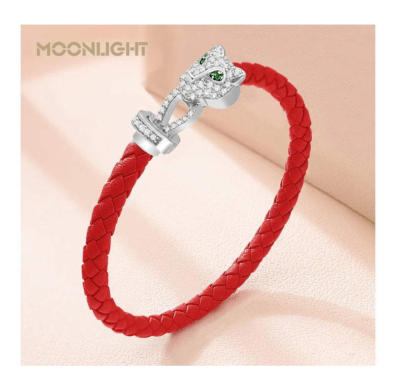MOONLIGHT Classic Design Exquisite Cheetah Zircon Bracelet for Women Braided Leather Bracelet Quality Banquet Couples Gift