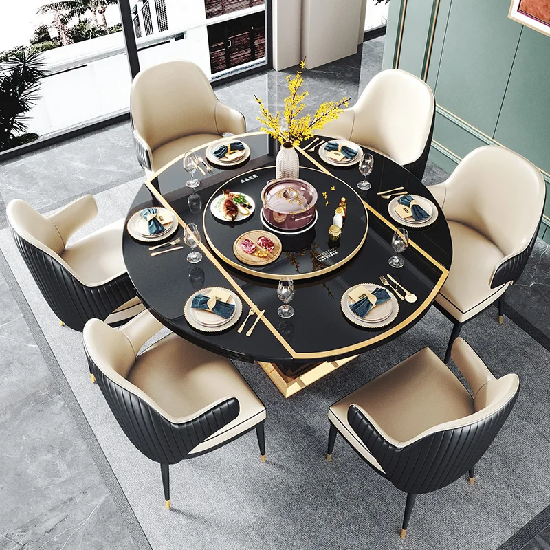 Black Tempered Glass Smart Heating Modern Dining Tables Luxury Extendable Round Dinning Table Set 6 Chairs for Dining Room