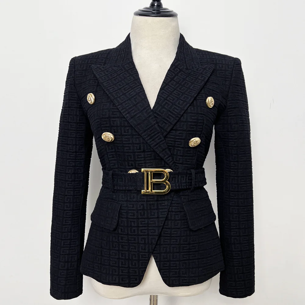 White with Belt Slim Women's Formal Jackets Lion Head Gold Button Blazers Fashion Print Short Suit 2025 Autumn New Elegant Coat