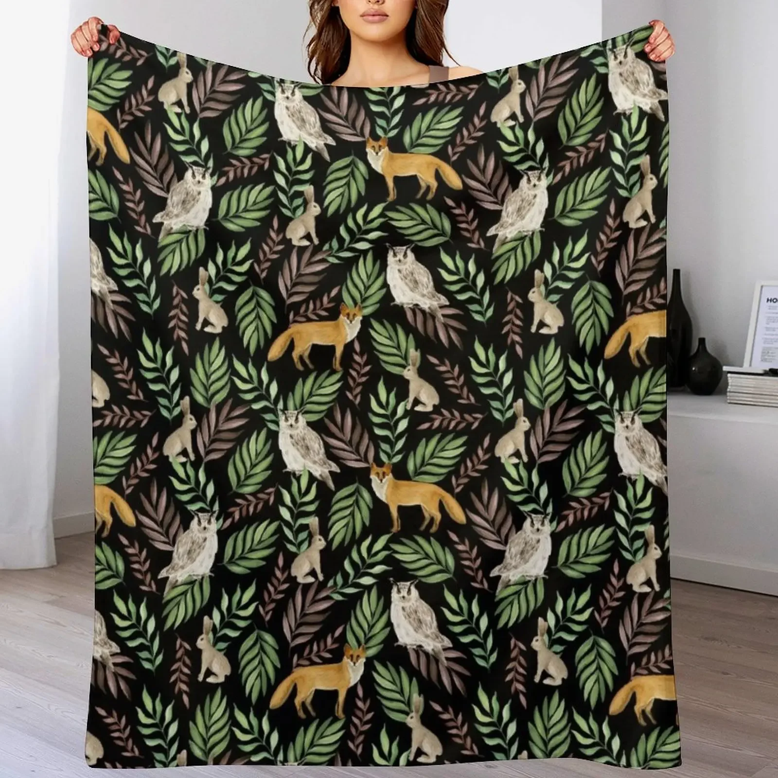 

Foxes, owls, rabbits. Black pattern Throw Blanket Softest Camping Blankets