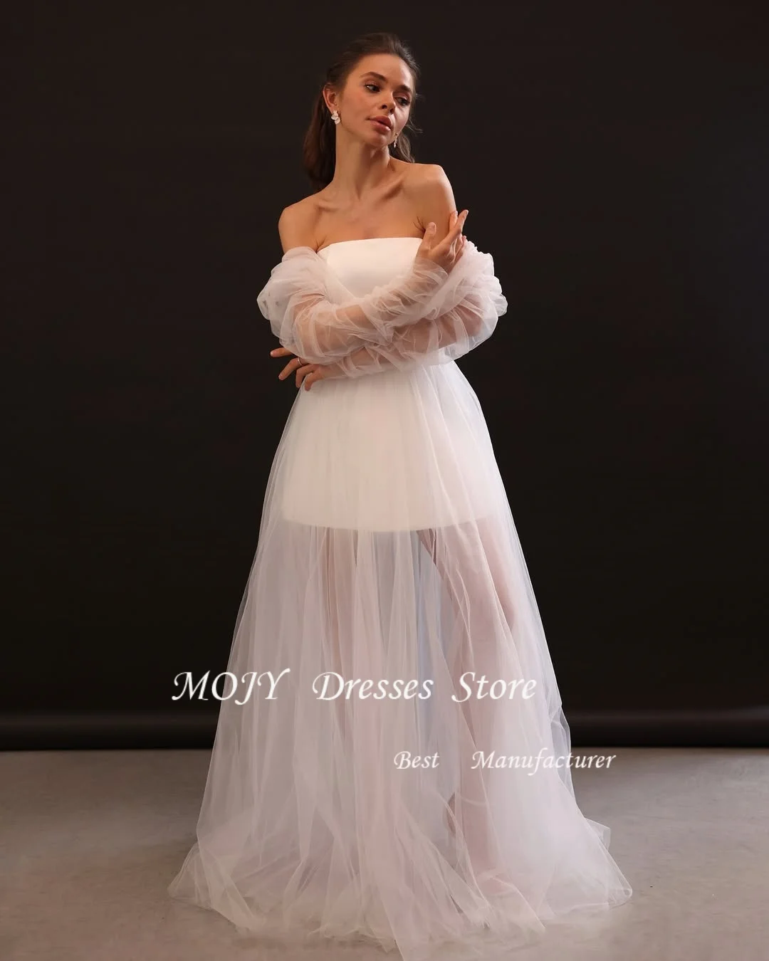 Mojy فستان الزفاف المرأة ألف خط الحبيب قبالة الكتف منتفخ الأكمام عارية الذراعين فستان زفاف Vestidos De Noiva مخصص