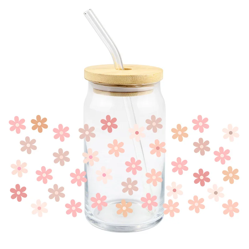 Pink Flower UV DTF Transfer Sticker Fashion Women Print For Wraps 16OZ Glass Cup DIY Waterproof High Temperature Resistance