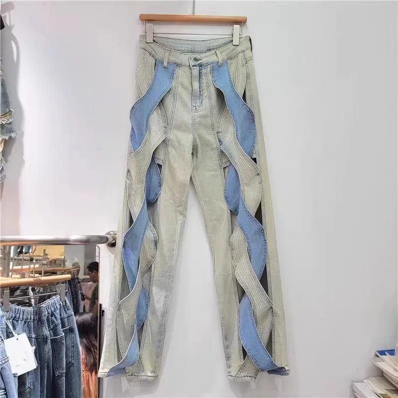 

Fashion Women's Beaded Straight Pants Baggy High Waist Zipper Pockets All-match Trousers Female 2025 Spring Y2k Lady Streetwears