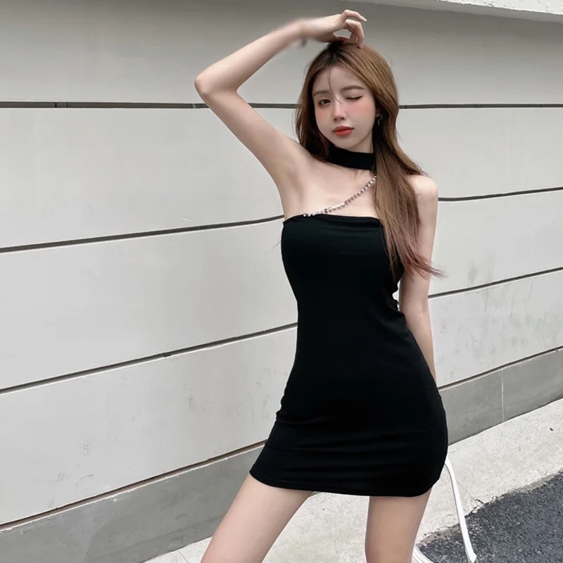 Ins Summer  Women's Solid Chain Halter Sexy  Strapless Dresses Woman clothes 2024 Korean reviews clothes