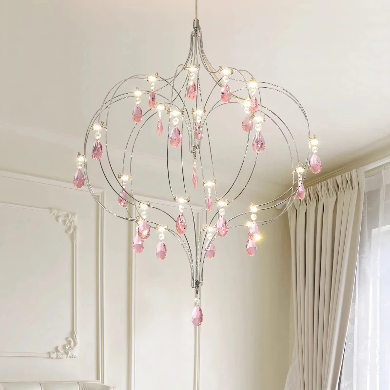 

French Luxury Pink Crystal Led Chandeliers Romantic Love Art Dining Room Decor Pendant Lights Lighting Bedroom Lamps Fixtures