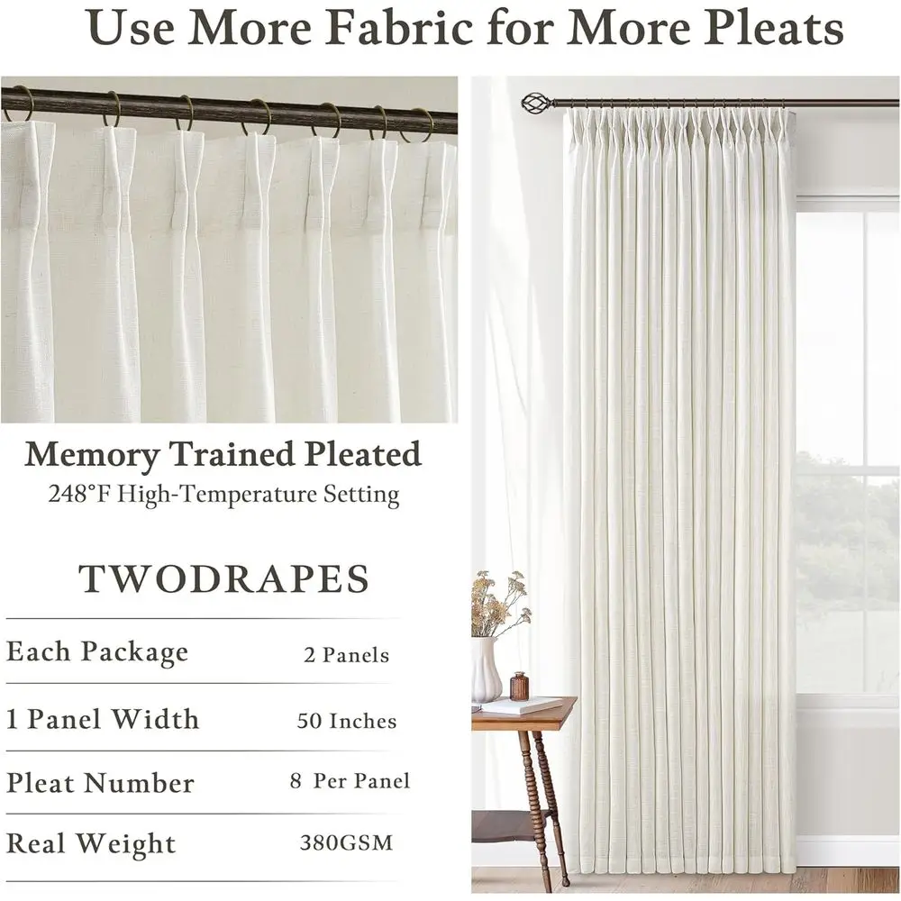 Crème 108 lange linnen gordijnen met knijpplooi, set met 2 panelen voor de woonkamer, semi-transparante boho-stijl, plafond tot vloer