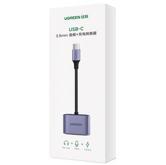 UGREEN 2 in 1 USB C to 3.5mm ヘッドフォン＆充電アダプター タイプC to Auxオーディオジャック PD 60W急速充電ドングル付き
