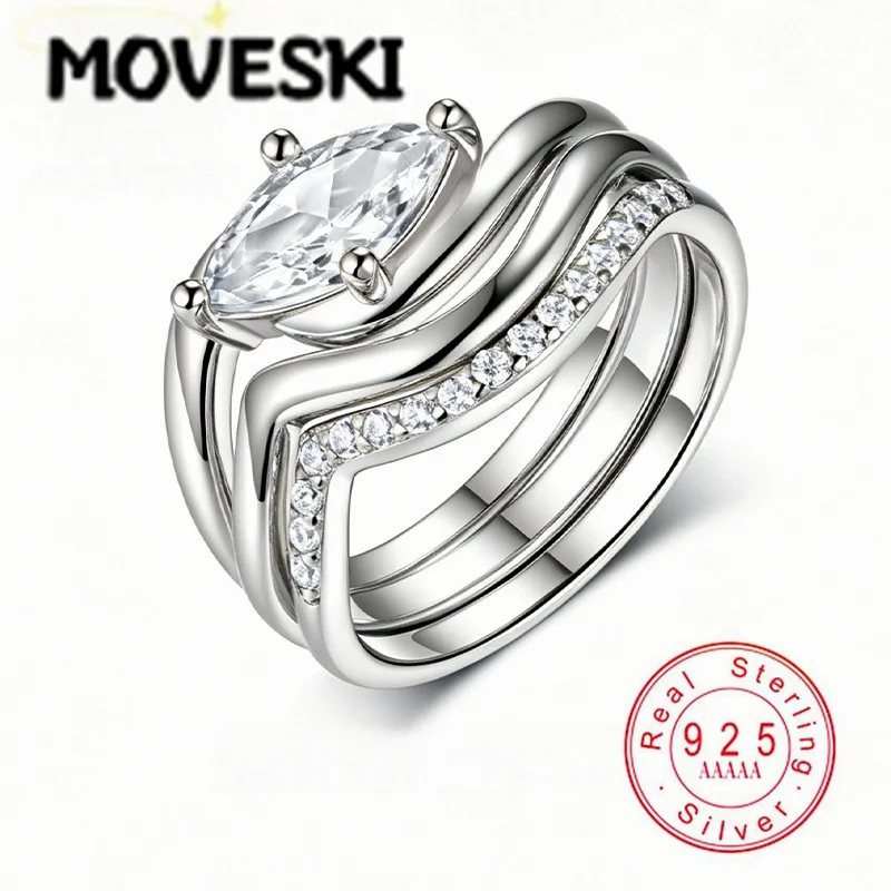 925 Sterling Silver Marquise Moissanite Ring Three-piece Set Twist Stackable High Quality Light Luxury Ring For Women